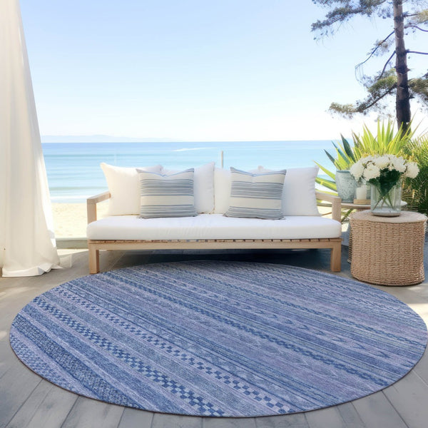 HomeRoots 5' Stylish Denim and Sky Blue Striped Area Rug for Indoor or Outdoor Use - Durable & Washable 8' Round 615346