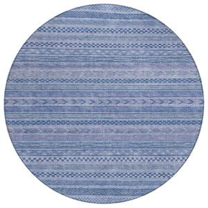 HomeRoots 5' Stylish Denim and Sky Blue Striped Area Rug for Indoor or Outdoor Use - Durable & Washable 8' Round 615346
