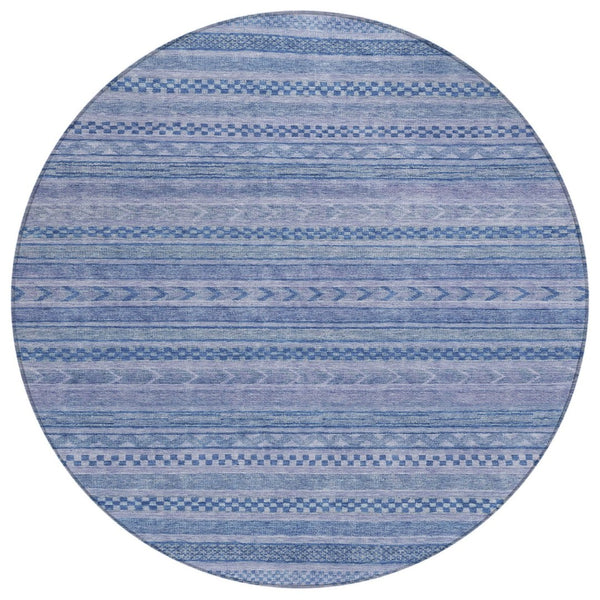 HomeRoots 5' Stylish Denim and Sky Blue Striped Area Rug for Indoor or Outdoor Use - Durable & Washable 8' Round 615346
