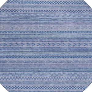 HomeRoots 5' Stylish Denim and Sky Blue Striped Area Rug for Indoor or Outdoor Use - Durable & Washable 8' Round 615346