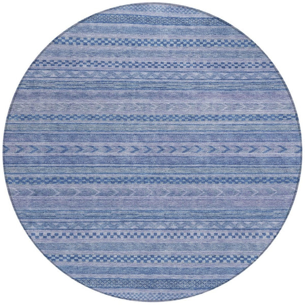 HomeRoots 5' Stylish Denim and Sky Blue Striped Area Rug for Indoor or Outdoor Use - Durable & Washable 8' Round 615346