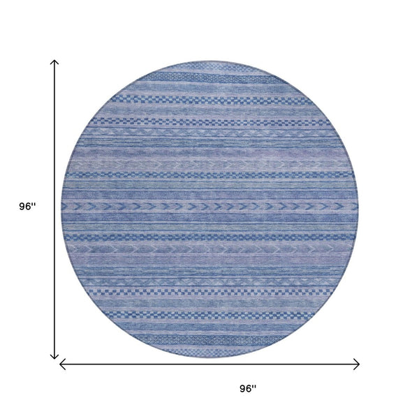 HomeRoots 5' Stylish Denim and Sky Blue Striped Area Rug for Indoor or Outdoor Use - Durable & Washable 8' Round 615346