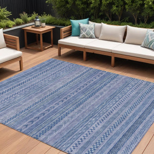 HomeRoots 5' Stylish Denim and Sky Blue Striped Area Rug for Indoor or Outdoor Use - Durable & Washable 9' X 12' 615348