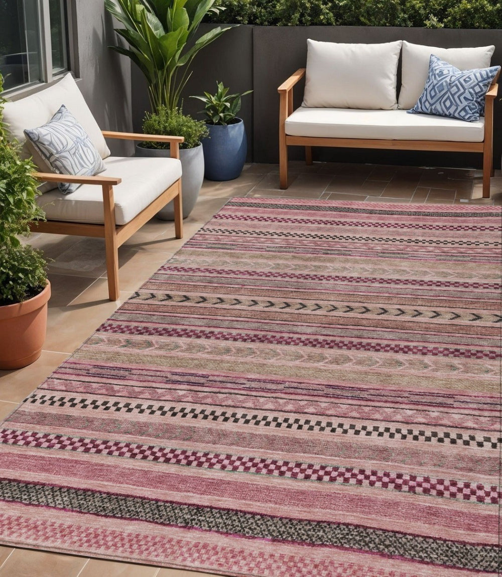 HomeRoots 5' Washable Pink and Taupe Striped Area Rug for Indoor and Outdoor Spaces - Durable, Soft, Stylish 5' X 8' 615351