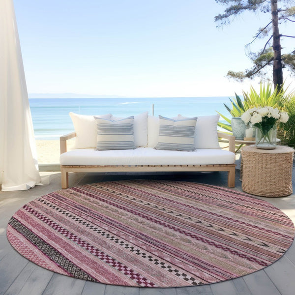 HomeRoots 5' Washable Pink and Taupe Striped Area Rug for Indoor and Outdoor Spaces - Durable, Soft, Stylish 8' Round 615352