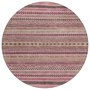 HomeRoots 5' Washable Pink and Taupe Striped Area Rug for Indoor and Outdoor Spaces - Durable, Soft, Stylish 8' Round 615352