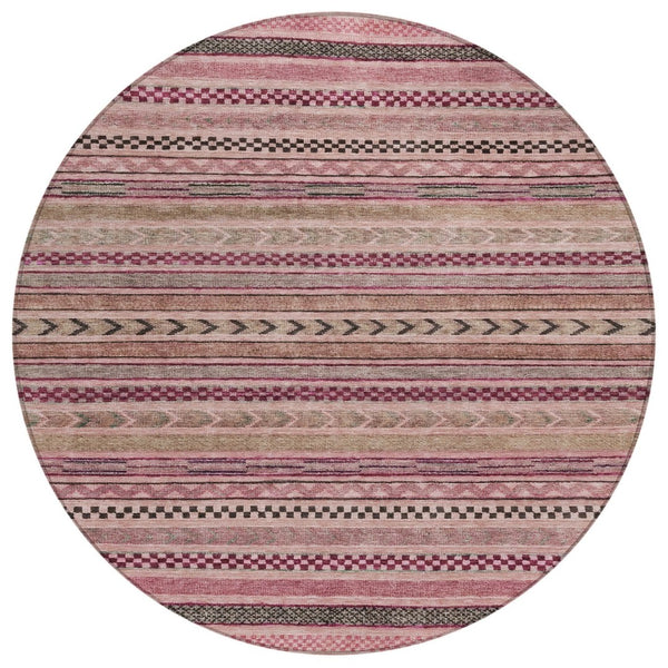 HomeRoots 5' Washable Pink and Taupe Striped Area Rug for Indoor and Outdoor Spaces - Durable, Soft, Stylish 8' Round 615352