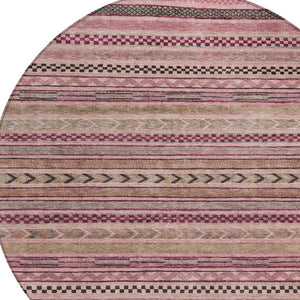 HomeRoots 5' Washable Pink and Taupe Striped Area Rug for Indoor and Outdoor Spaces - Durable, Soft, Stylish 8' Round 615352