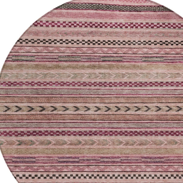 HomeRoots 5' Washable Pink and Taupe Striped Area Rug for Indoor and Outdoor Spaces - Durable, Soft, Stylish 8' Round 615352
