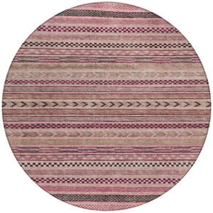 HomeRoots 5' Washable Pink and Taupe Striped Area Rug for Indoor and Outdoor Spaces - Durable, Soft, Stylish 8' Round 615352