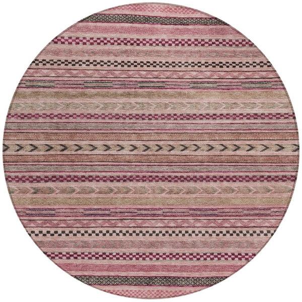 HomeRoots 5' Washable Pink and Taupe Striped Area Rug for Indoor and Outdoor Spaces - Durable, Soft, Stylish 8' Round 615352