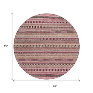 HomeRoots 5' Washable Pink and Taupe Striped Area Rug for Indoor and Outdoor Spaces - Durable, Soft, Stylish 8' Round 615352