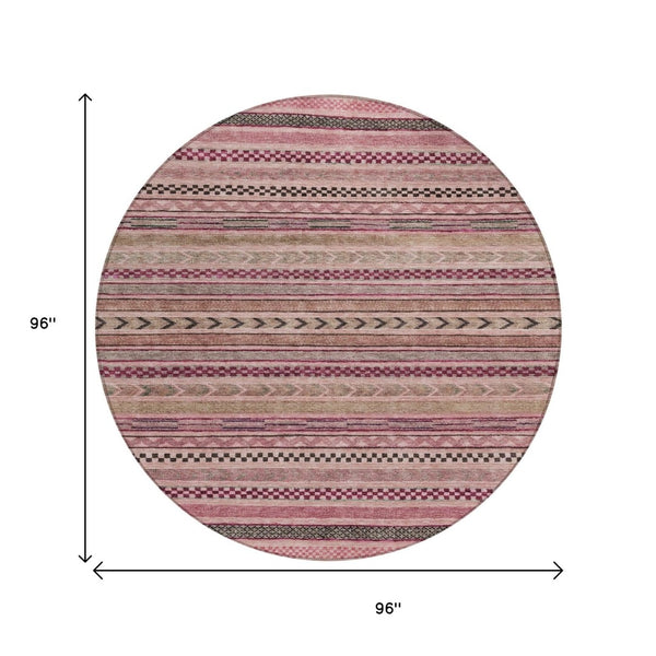 HomeRoots 5' Washable Pink and Taupe Striped Area Rug for Indoor and Outdoor Spaces - Durable, Soft, Stylish 8' Round 615352