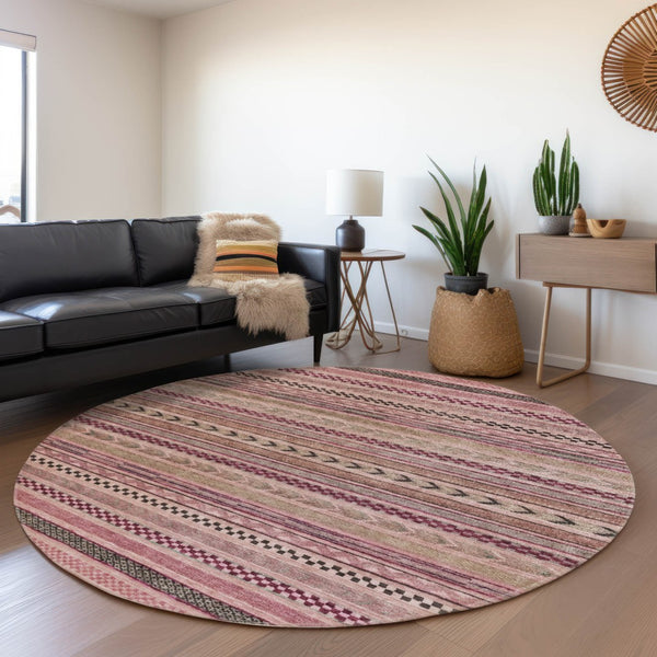 HomeRoots 5' Washable Pink and Taupe Striped Area Rug for Indoor and Outdoor Spaces - Durable, Soft, Stylish 8' Round 615352
