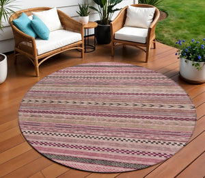 HomeRoots 5' Washable Pink and Taupe Striped Area Rug for Indoor and Outdoor Spaces - Durable, Soft, Stylish 8' Round 615352