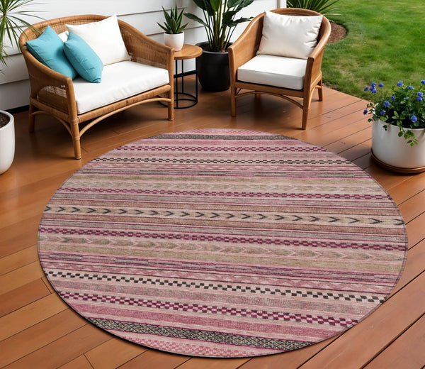 HomeRoots 5' Washable Pink and Taupe Striped Area Rug for Indoor and Outdoor Spaces - Durable, Soft, Stylish 8' Round 615352