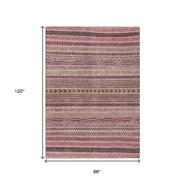 HomeRoots 5' Washable Pink and Taupe Striped Area Rug for Indoor and Outdoor Spaces - Durable, Soft, Stylish 8' X 10' 615353