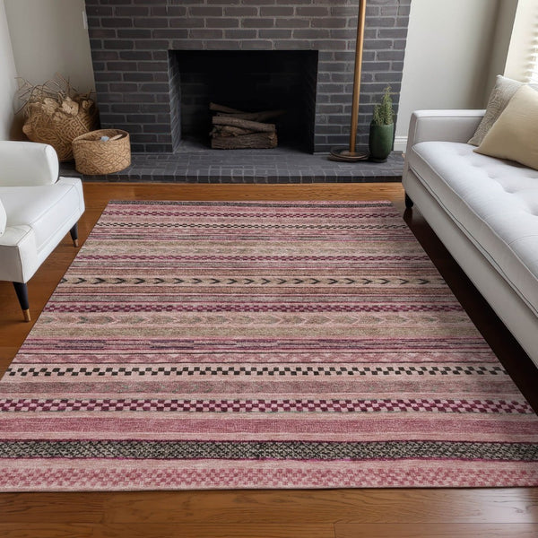 HomeRoots 5' Washable Pink and Taupe Striped Area Rug for Indoor and Outdoor Spaces - Durable, Soft, Stylish 8' X 10' 615353
