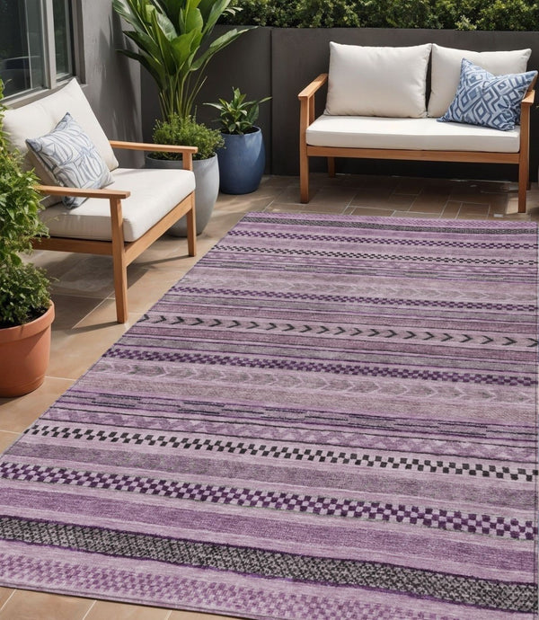 HomeRoots 5' Stylish Plum and Lilac Striped Washable Area Rug for Indoor and Outdoor Spaces, Easy Care 5' X 8' 615357