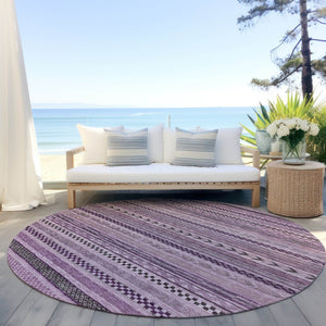HomeRoots 5' Stylish Plum and Lilac Striped Washable Area Rug for Indoor and Outdoor Spaces, Easy Care 8' Round 615358