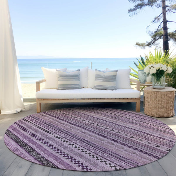 HomeRoots 5' Stylish Plum and Lilac Striped Washable Area Rug for Indoor and Outdoor Spaces, Easy Care 8' Round 615358