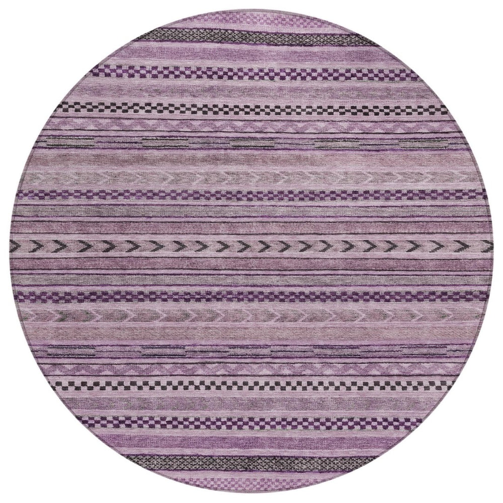 HomeRoots 5' Stylish Plum and Lilac Striped Washable Area Rug for Indoor and Outdoor Spaces, Easy Care 8' Round 615358