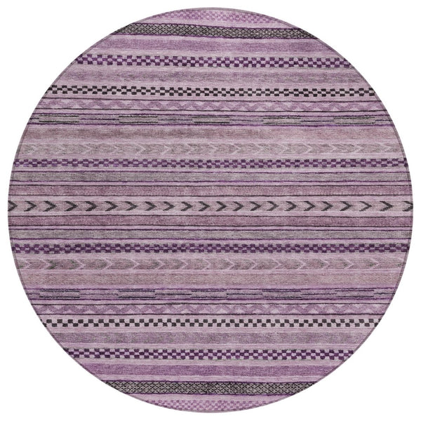 HomeRoots 5' Stylish Plum and Lilac Striped Washable Area Rug for Indoor and Outdoor Spaces, Easy Care 8' Round 615358