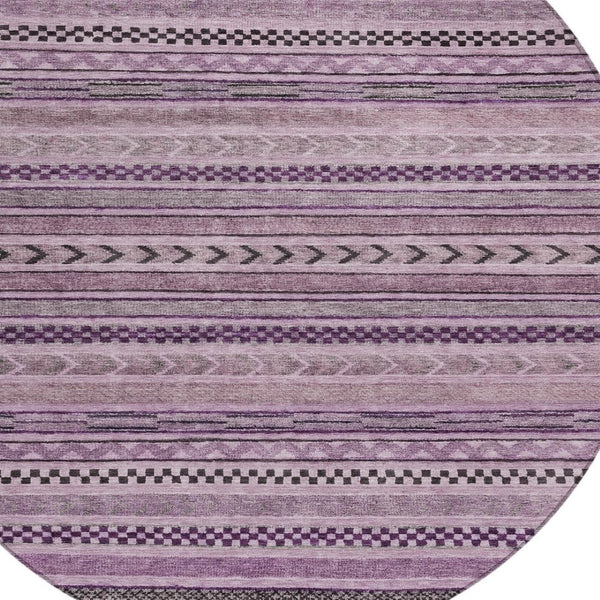 HomeRoots 5' Stylish Plum and Lilac Striped Washable Area Rug for Indoor and Outdoor Spaces, Easy Care 8' Round 615358