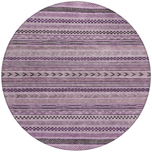 HomeRoots 5' Stylish Plum and Lilac Striped Washable Area Rug for Indoor and Outdoor Spaces, Easy Care 8' Round 615358