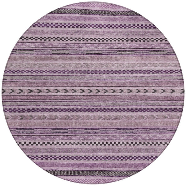 HomeRoots 5' Stylish Plum and Lilac Striped Washable Area Rug for Indoor and Outdoor Spaces, Easy Care 8' Round 615358