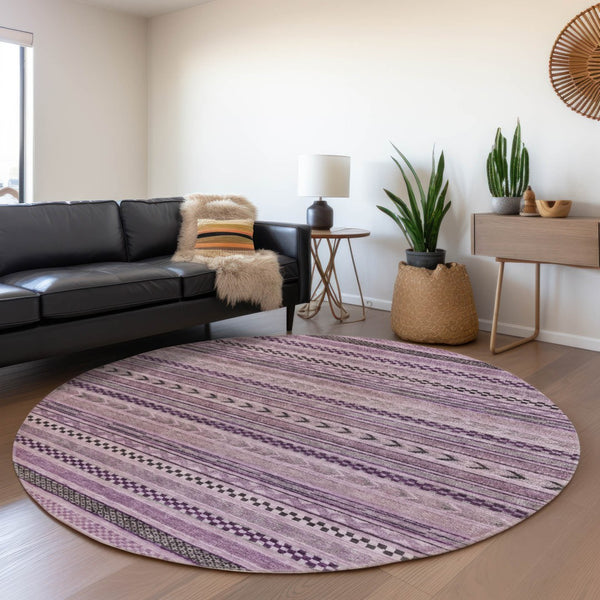 HomeRoots 5' Stylish Plum and Lilac Striped Washable Area Rug for Indoor and Outdoor Spaces, Easy Care 8' Round 615358