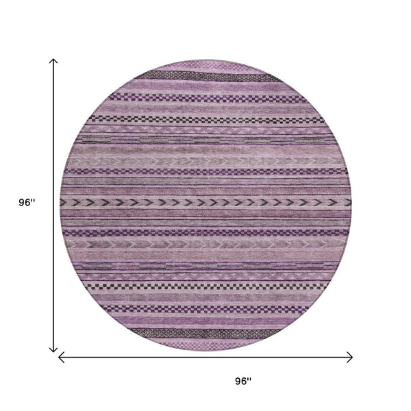 HomeRoots 5' Stylish Plum and Lilac Striped Washable Area Rug for Indoor and Outdoor Spaces, Easy Care 8' Round 615358