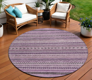 HomeRoots 5' Stylish Plum and Lilac Striped Washable Area Rug for Indoor and Outdoor Spaces, Easy Care 8' Round 615358