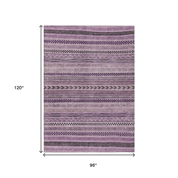 HomeRoots 5' Stylish Plum and Lilac Striped Washable Area Rug for Indoor and Outdoor Spaces, Easy Care 8' X 10' 615359