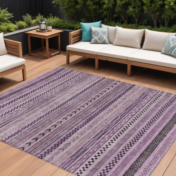HomeRoots 5' Stylish Plum and Lilac Striped Washable Area Rug for Indoor and Outdoor Spaces, Easy Care 8' X 10' 615359