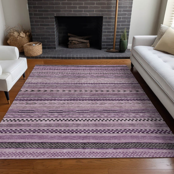 HomeRoots 5' Stylish Plum and Lilac Striped Washable Area Rug for Indoor and Outdoor Spaces, Easy Care 9' X 12' 615360