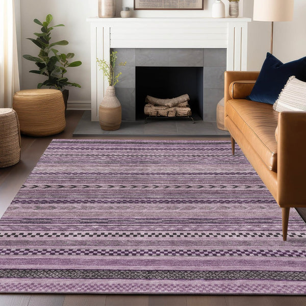 HomeRoots 5' Stylish Plum and Lilac Striped Washable Area Rug for Indoor and Outdoor Spaces, Easy Care 10' X 14' 615361