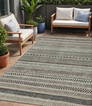 HomeRoots 5' Stylish Taupe and Brown Striped Washable Area Rug for Indoor and Outdoor Versatile Use 5' X 8' 615375