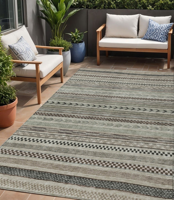 HomeRoots 5' Stylish Taupe and Brown Striped Washable Area Rug for Indoor and Outdoor Versatile Use 5' X 8' 615375
