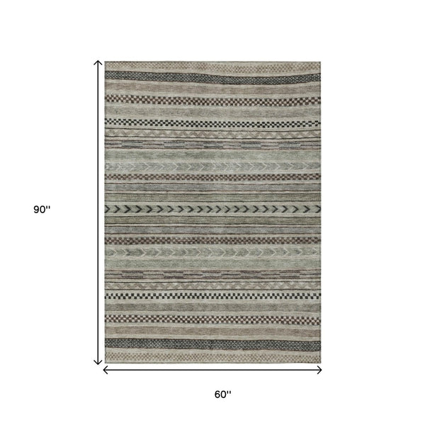 HomeRoots 5' Stylish Taupe and Brown Striped Washable Area Rug for Indoor and Outdoor Versatile Use 5' X 8' 615375