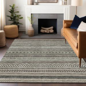 HomeRoots 5' Stylish Taupe and Brown Striped Washable Area Rug for Indoor and Outdoor Versatile Use 5' X 8' 615375