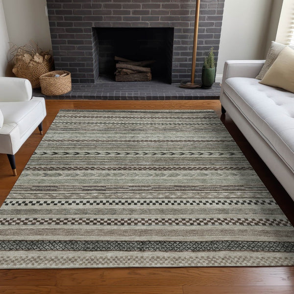 HomeRoots 5' Stylish Taupe and Brown Striped Washable Area Rug for Indoor and Outdoor Versatile Use 5' X 8' 615375