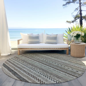HomeRoots 5' Stylish Taupe and Brown Striped Washable Area Rug for Indoor and Outdoor Versatile Use 8' Round 615376