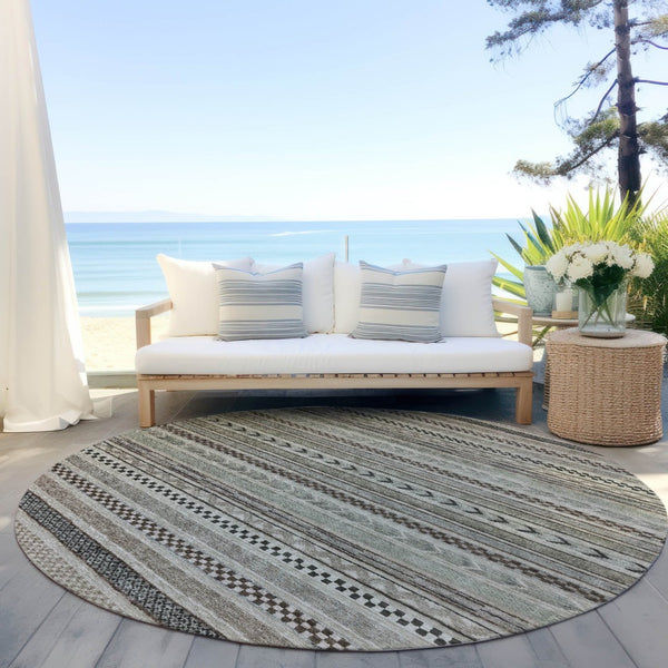 HomeRoots 5' Stylish Taupe and Brown Striped Washable Area Rug for Indoor and Outdoor Versatile Use 8' Round 615376