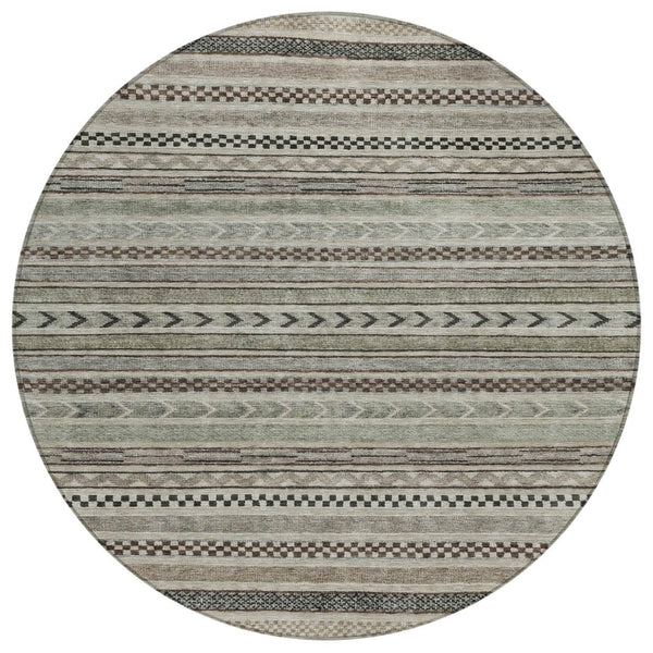 HomeRoots 5' Stylish Taupe and Brown Striped Washable Area Rug for Indoor and Outdoor Versatile Use 8' Round 615376