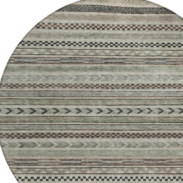 HomeRoots 5' Stylish Taupe and Brown Striped Washable Area Rug for Indoor and Outdoor Versatile Use 8' Round 615376