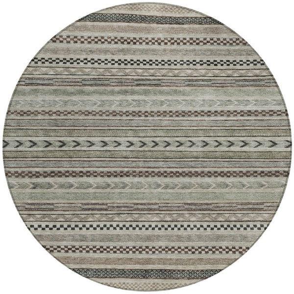 HomeRoots 5' Stylish Taupe and Brown Striped Washable Area Rug for Indoor and Outdoor Versatile Use 8' Round 615376