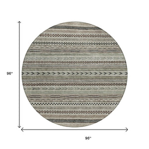 HomeRoots 5' Stylish Taupe and Brown Striped Washable Area Rug for Indoor and Outdoor Versatile Use 8' Round 615376