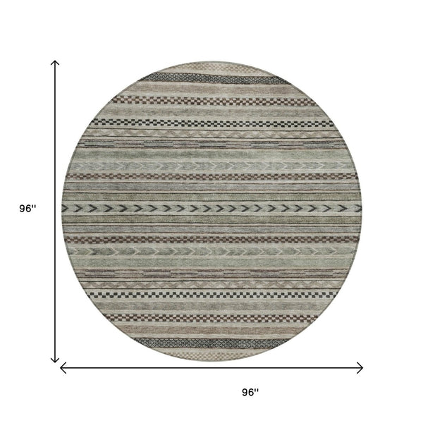HomeRoots 5' Stylish Taupe and Brown Striped Washable Area Rug for Indoor and Outdoor Versatile Use 8' Round 615376