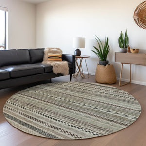 HomeRoots 5' Stylish Taupe and Brown Striped Washable Area Rug for Indoor and Outdoor Versatile Use 8' Round 615376